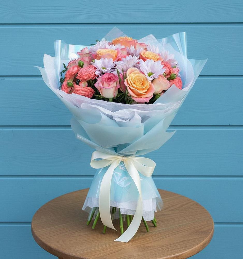 Букет цветов из: Хризантемы и Розы в Лесной