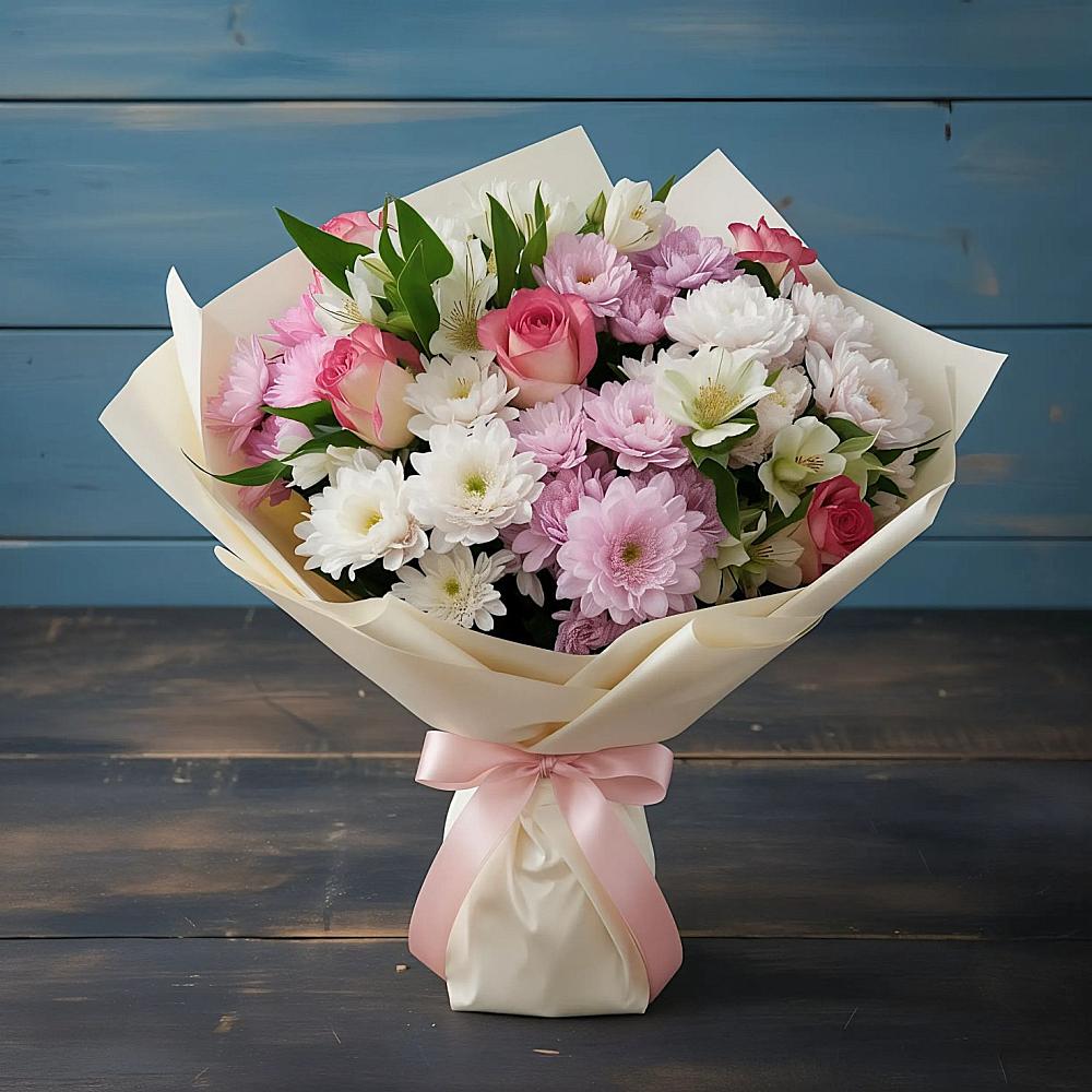 Букет цветов из: Хризантемы, Альстромерии и Розы в Лесной